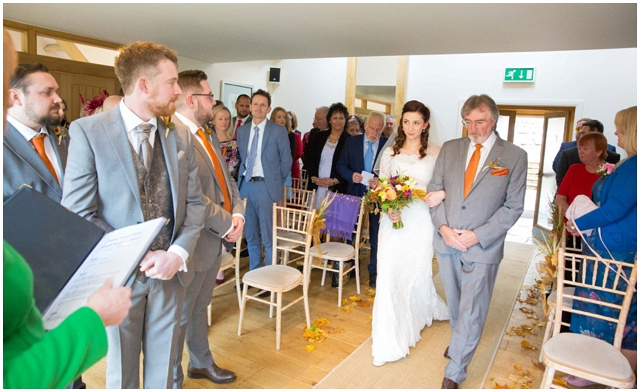 bride and father processing for indoor ceremony at Hyde Barn