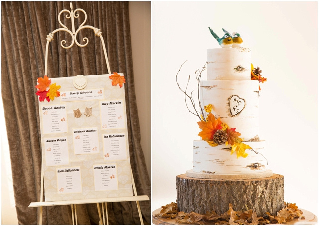 wedding cake and seating card chart at Hyde Barn wedding 