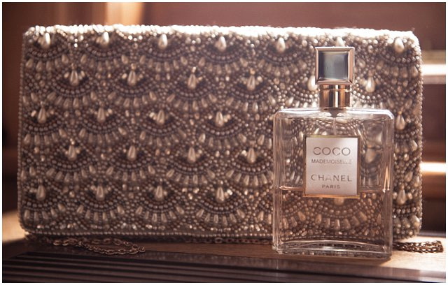 coco chanel perfume bottle with intricate purse for wedding day