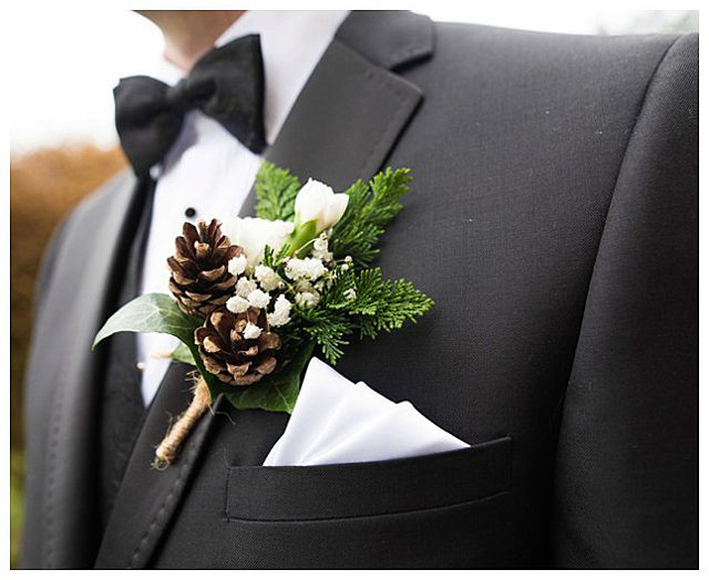 boutonniere with pine cones for wedding ceremony at St. Mary the Virgin Fairford