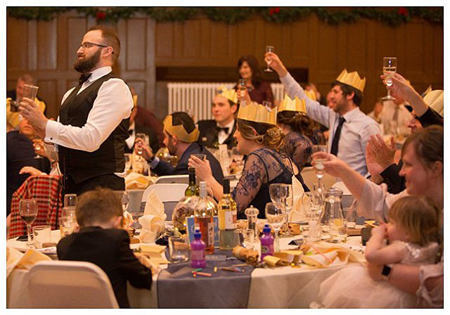 guests toasting at wedding reception at Bingham Hall