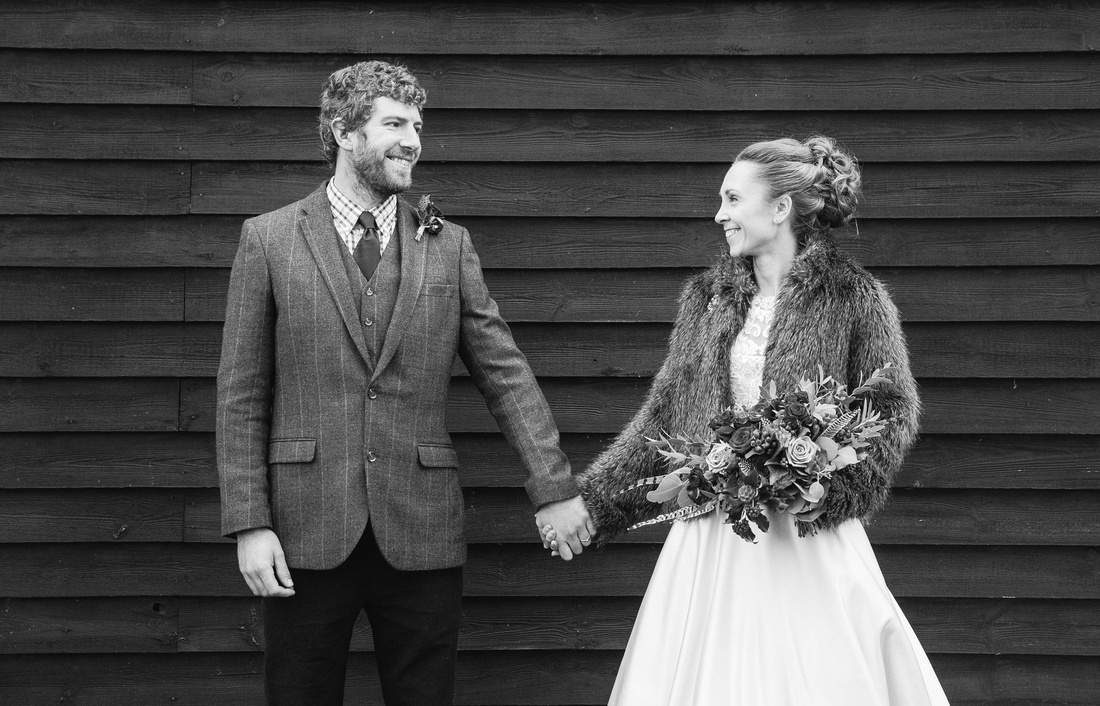 black and white wedding couple portrait