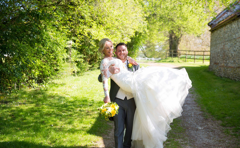 happy wedding couple in the countryside